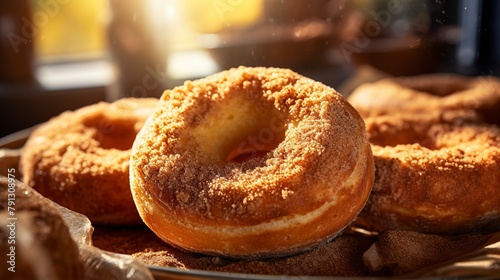 Close-up of cinnamon sugar bagels, showcasing the sugary crust and warm, spicy aroma, in a sunlit bakery window.  photo