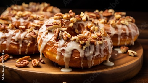 Close-up of maple glazed doughnuts with crunchy pecan topping, on a wooden slab, embodying autumn flavors. 