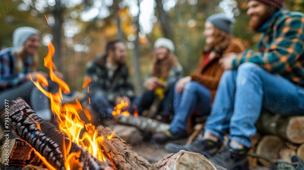 A group of friends gathered around a campfire using grounding exercises to connect with the Earth and each other on a deeper level. . - obrazy, fototapety, plakaty 
