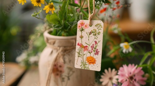 Closeup of a seed paper tag attached to a plantable seed pencil showcasing a playful illustration of different wildflower varieties. . photo