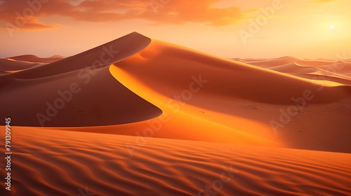 Desert panorama with sand dunes at sunrise. 3d render