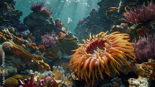 Large sea anemone surrounded by diverse fish in water