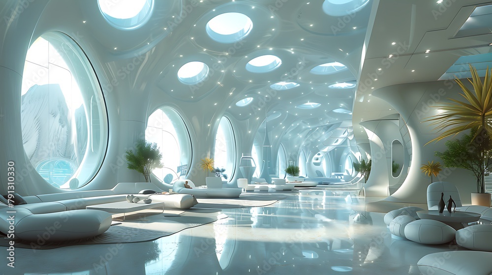 Futuristic interior design of a spacious hall with modern furniture and ...