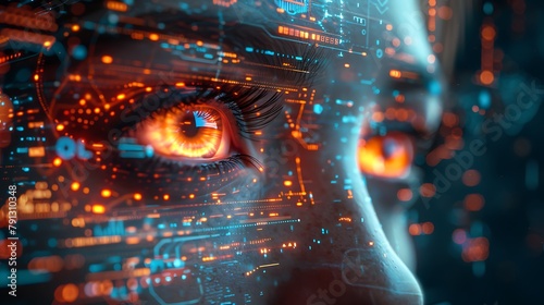 A close-up of a person's face superimposed with glowing digital circuit patterns suggesting advanced technology or cybernetics. 