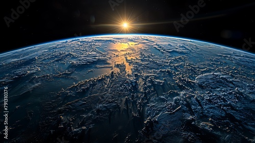 Sunrise over planet Earth as seen from space with a beautiful view of continents and oceans. 