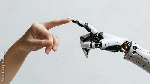 A human hand and a robot hand about to touch fingertips in a concept of human-robot interaction and futuristic technology 