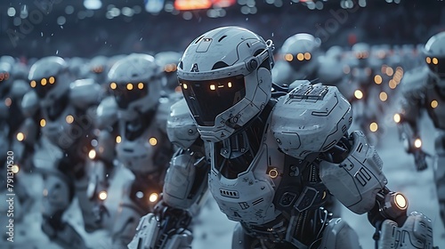A line of futuristic robots marching through falling snow, illuminated by soft lights in a cold setting.  photo