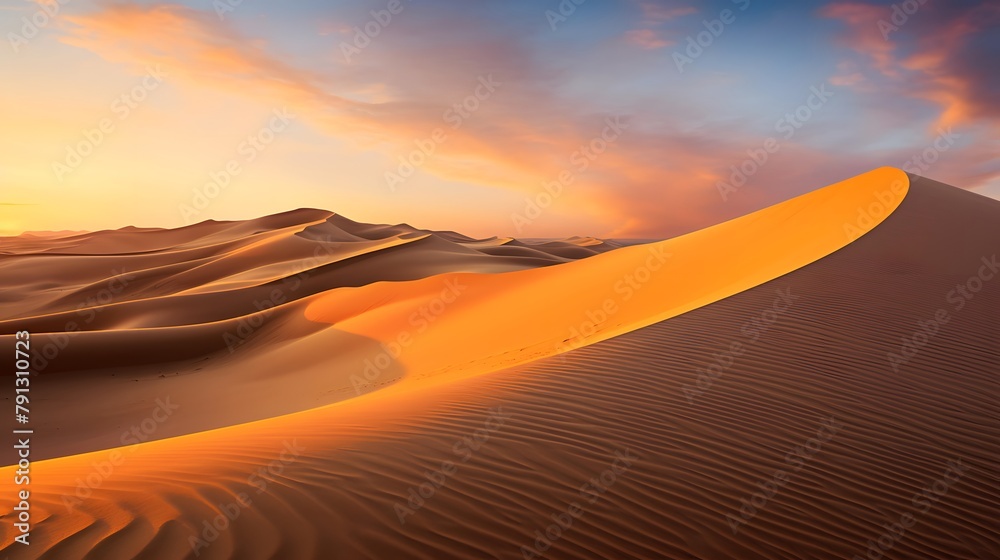 Panorama of sand dunes in Sahara desert at sunset, Morocco