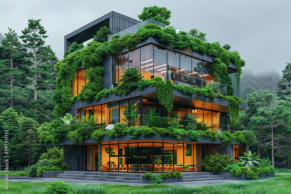  Sustainable glass office building with trees for reducing carbon dioxide. 