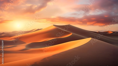 Panorama of sand dunes in the Sahara desert at sunset, Morocco