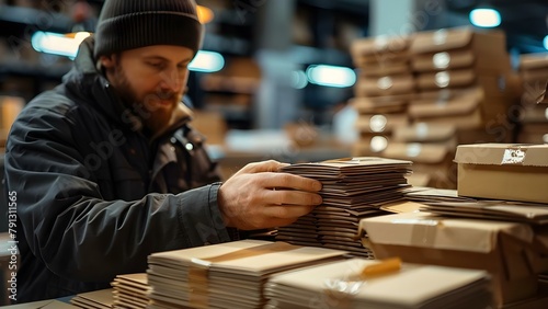 Post office worker arranging letters into stacks for delivery. Concept Mail sorting, Postal service, Delivery organization, Letter arranging photo