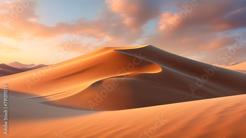 Panorama of sand dunes in Sahara desert at sunset. Morocco