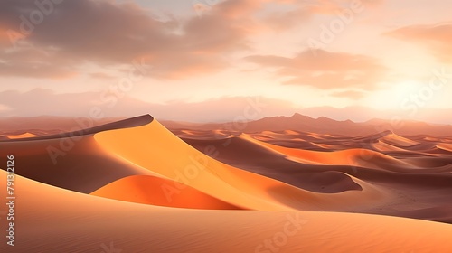 Desert panorama with sand dunes at sunset. 3d illustration