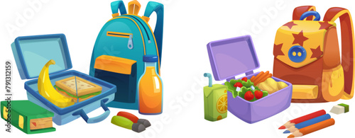 School backpack with lunchbox and supplies. Cartoon vector illustration set of education kit with student bag, food lunch plastic box with sandwich, vegetables and banana, juice, books and pencils. © klyaksun