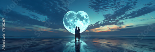 Create a design where the stars in the night sky form the shape of a heart representing the celestial bond between a couple,Couple illustration in ethereal light for Valentine's Day.

 photo