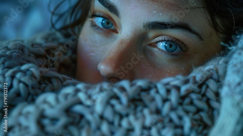 The serene expression of a woman at peace curled up in a co of blankets and dried tears. .