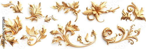 Baroque style elements isolated on white. Watercolor hand drawn vintage floral scroll filigree design set. Golden oriental damask curls and flowers collection for greeting cards, wedding invitations. 