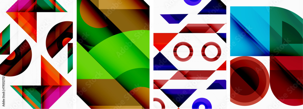 An artistic display of colorful geometric shapes including rectangles, triangles, and patterns in shades of red and electric blue on a white background, showcasing symmetry and artistic design