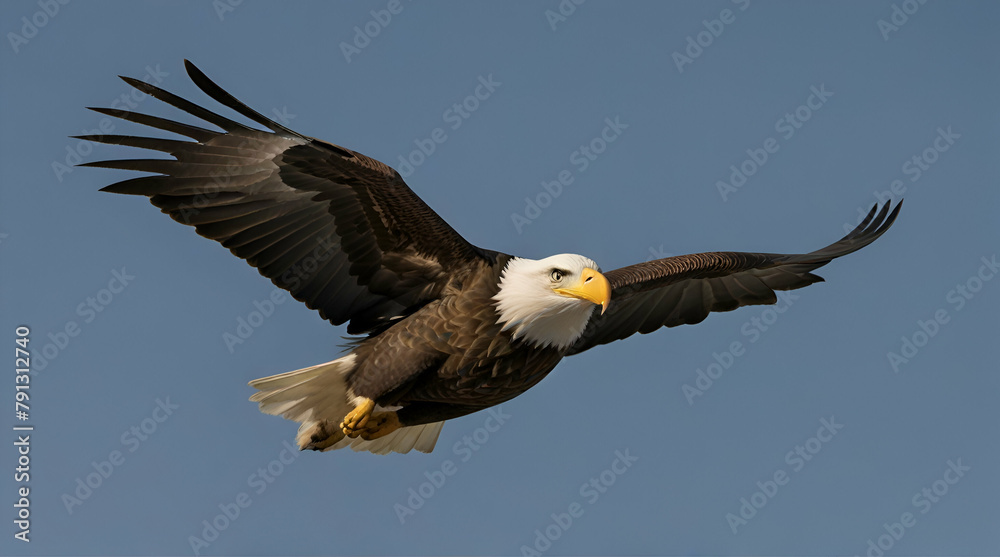 Naklejka premium A spread-wing bald eagle soars in the sky. Isolated, Generative.AI 