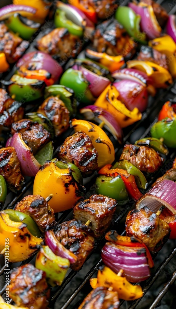 Grilled vegetable skewers with colorful peppers and onions on terrace, summer ambiance Grilled vegetable skewers with colorful peppers and onions on terrace, summer ambiance