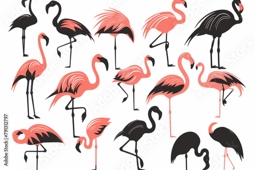 various pink flamingo bird illustration vector icon  white background  black colour icon