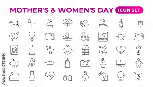 Set of Mother's Day icons. Thin linear style icons Pack. Vector Illustration.Set of outline mothers' day icons. Minimalist thin linear web icon set. vector illustration. Outline icon collection.
