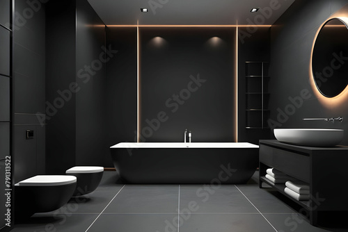 Black minimalist bathroom interior. 3d rendering. Modern bathroom interior