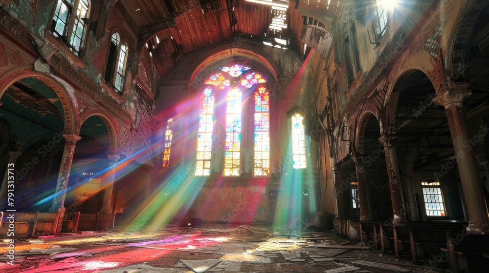 An abandoned church its shattered stained glass windows casting colorful beams of light stands as a sanctuary in the midst of desolation. .