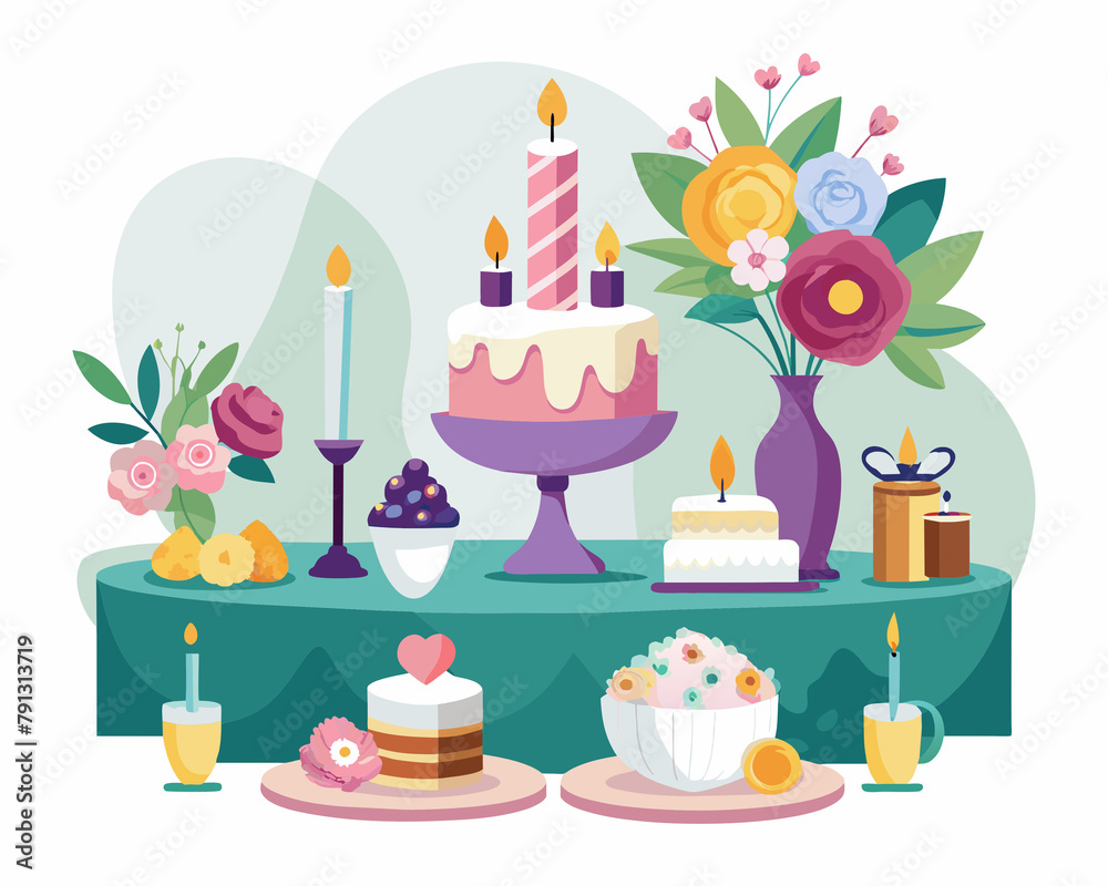 Birthday cake with candles. Birthday table with cake, candles and flowers. Vector illustration.