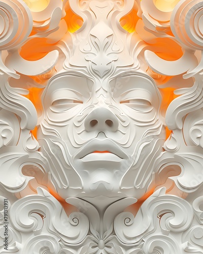 An intricate and symmetrical white relief sculpture with ornate patterns and a tranquil human face at its center.