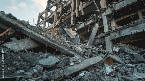 a collapsed building with rooms laid bare and debris strewn about, highlighting the stark reality of disaster’s aftermath