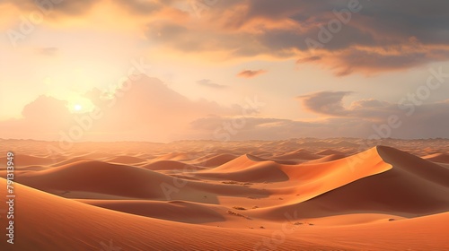 Desert panorama with sand dunes at sunset. 3d render