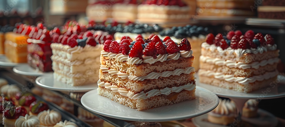 Delicious layered cakes topped with fresh raspberries are elegantly displayed in a bakery setting, ready to tantalize the taste buds 