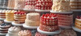A delectable selection of layered cakes and pastries displayed on stands showcasing variety and sweetness perfect for dessert menus or celebrations 
