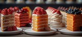 An array of delectable layered cakes adorned with fresh berries and frosting, displayed elegantly on white plates against a blurred background. 