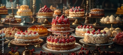 An assortment of elegant pastries and cakes decorated with fresh berries and whipped cream on ornate stands with a vintage kitchen setting in the background. 