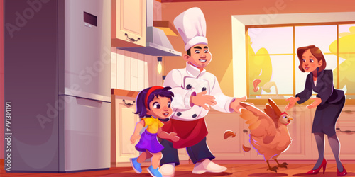 Woman, kid and chef haunted hen on home kitchen. Modern indoor apartment interior with stove, refrigerator, cooker and other appliance. Chief man catching cute chicken concept cartoon illustration © klyaksun