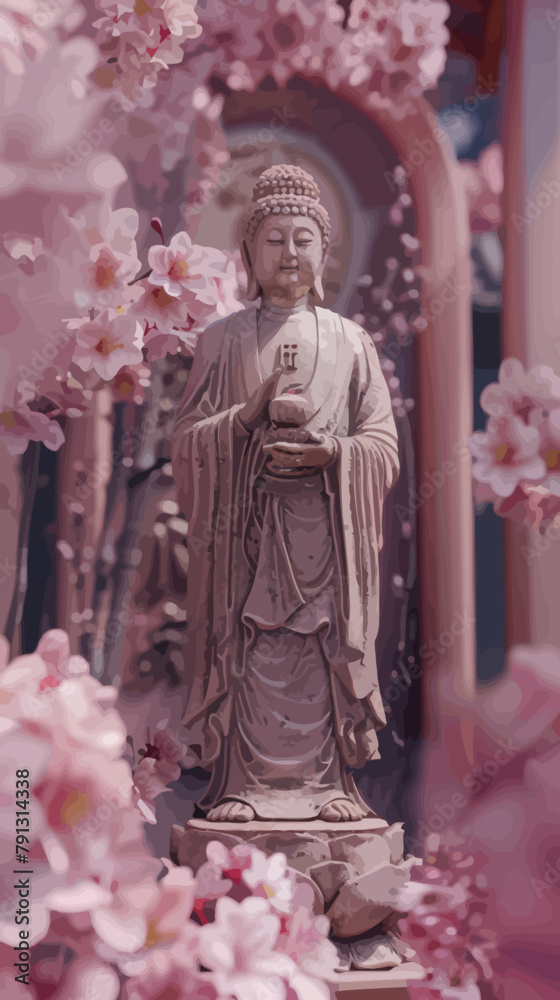 a statue of buddha surrounded by pink flowers