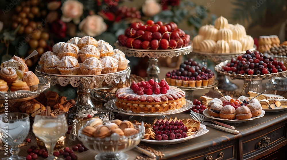 An elegant dessert table spread with an array of ornate pastries and fruit arrangements for a luxurious celebration. 