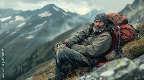 A hiker rests on a mountainside his backpack used as a pillow and a peaceful expression on his face. His body is curled up to protect him from the elements but his peaceful slumber .