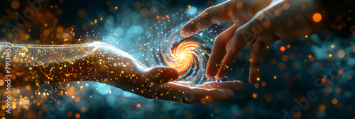 Big data visualization with hand reaching spinning vortex of light particles,  illustrating a human finger interacting with spiraling cosmic lights.
 photo