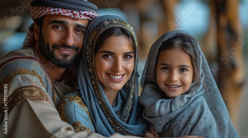 A smiling Middle Eastern family dressed in traditional clothing poses closely together with warmth and affection. 
