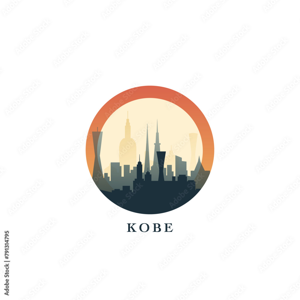 Kobe cityscape, gradient vector badge, flat skyline logo, icon. Japan city round emblem idea with landmarks and building silhouettes. Isolated graphic