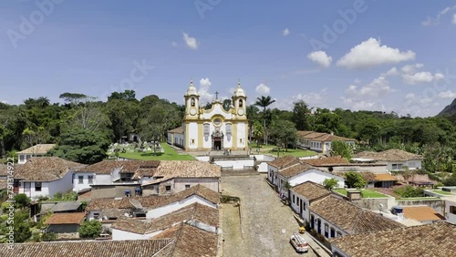 Drone flies backwards from Igreja de Santo Antonio over entire city of Tiradentes in Minas Gerais, Brazil photo