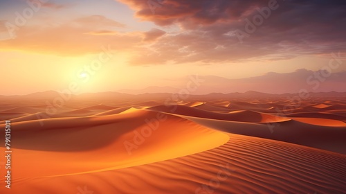 Sunset over sand dunes. 3d render illustration of desert