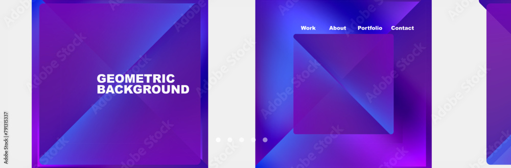 Fototapeta premium A collection of purple and blue geometric backgrounds featuring rectangles, symmetry, and technologyinspired designs in shades of violet, magenta, azure, and electric blue