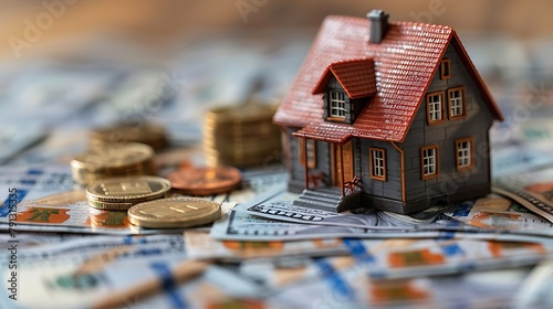 A miniature house model is positioned on a spread of various currency notes surrounded by stacks of coins, symbolizing real estate investment and financial planning. 