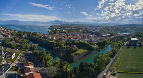 Resorts on Lake Garda Italy. Aerial panorama on the lake. Aerial view of the town of Peschiera del Garda located on the shores of Lake Garda. City on the water Italy. The largest lake in Italy.