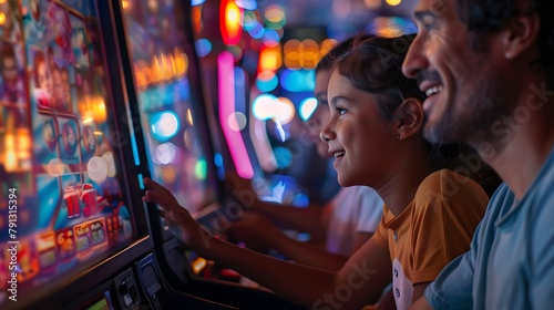 Happy girl and her father playing arcade games with bright lights in the background 