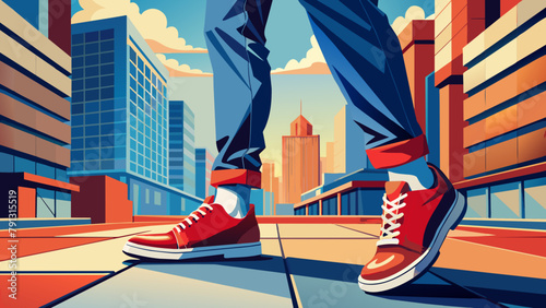 man legs in jeans and red sneakers